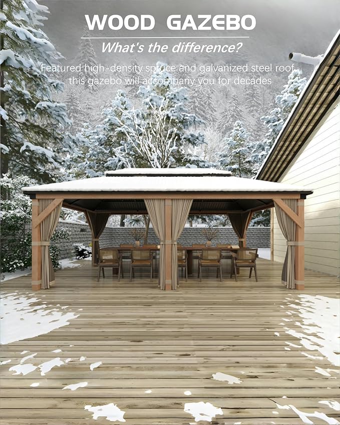 GAOMON Hardtop Spruce Wood Gazebo 12'x20', with Double Roof of Metal Sheets, 4.7'' Heavy Duty Poles, Net, and Curtain, Permanent Building for Patio, Deck, Backyard, Lawn, and Garden, Khaki