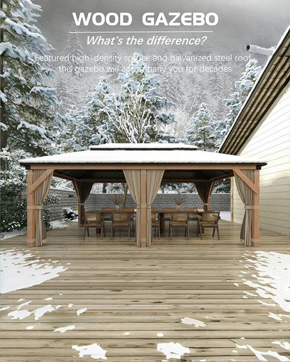 GAOMON Hardtop Spruce Wood Gazebo 12'x20', with Double Roof of Metal Sheets, 4.7'' Heavy Duty Poles, Gray Net, and Curtain, Permanent Building for Patio, Deck, Backyard, Lawn, and Garden, Khaki