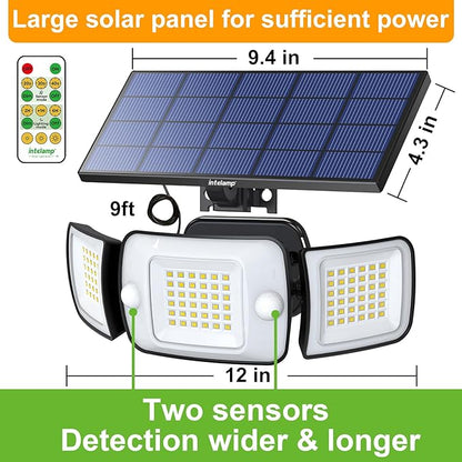 intelamp Solar Lights Outdoor, 3 Head Solar Motion Sensor Lights for Outside, lP65 Waterproof,Separate Panel with 9FT Cable Remote Control Flood Lights(2Pack)