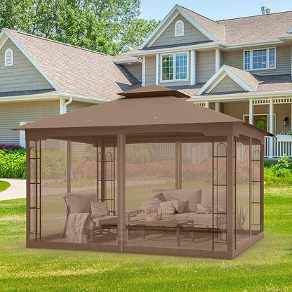 EAGLE PEAK Patio Gazebo with Mesh Netting 13x11 at Top 12x10 Footprint, Soft Top Outdoor Pavilion for Backyard, Deck, Lawn and Garden, Brown