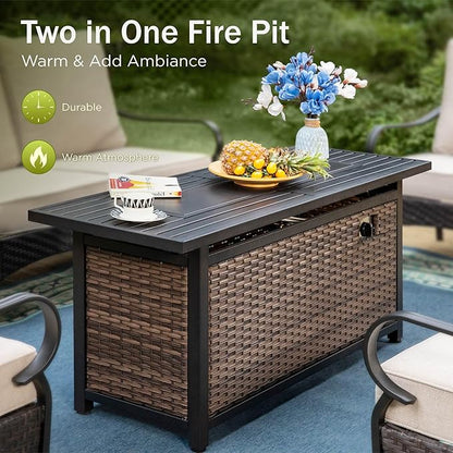 PHI VILLA Patio Furniture Set with 56" Fire Pit Table, Premium Outdoor Wicker Metal Frame Furniture with Upgraded Waterproof Thick Cushions for Porch, Poolside, Deck, and Yard