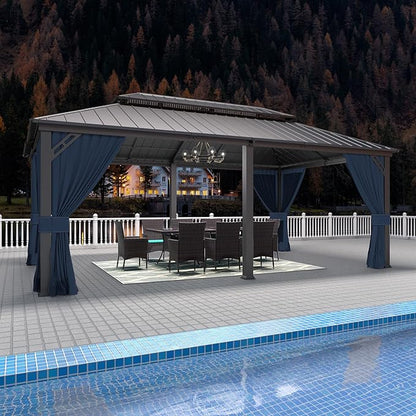 Gotland 2024 New 12' x 20' Hardtop Gazebo, Outdoor Iron Metal Double Roof Pergola with Curtains and Netting for Patio, Garden, Lawn, Navy