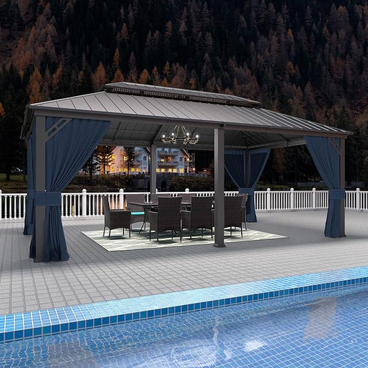 Gotland 2024 New 12' x 20' Hardtop Gazebo, Outdoor Iron Metal Double Roof Pergola with Curtains and Netting for Patio, Garden, Lawn, Navy