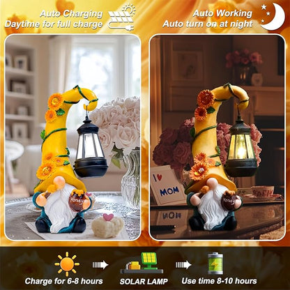 Birthday Gifts for Mom Grandma Woman 12" Solar Sunflower Gnome Garden Statues Honey Bee Jar Decor with LED Lantern Outdoor Gnomes Decorations Patio Yard Balcony Art
