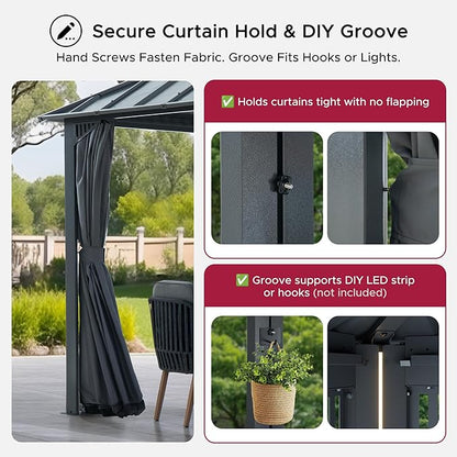 SUNJOY Kingston 20' x 12' Hardtop Gazebo with Galvanized Steel Double Roof, Curtain and Netting, Gray Aluminum Posts Permanent Pavilion Gazebo for Garden, Patio, Deck, Lawn