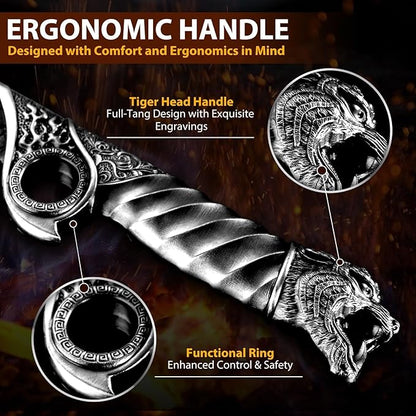 Purple Dragon Heavy Duty Machete for Cutting Trees – Japanese Forged Survival Machete with Tiger Head Handle, Gardening Machetes with Leather Sheath, Yard Work & Outdoor Camping Machetes