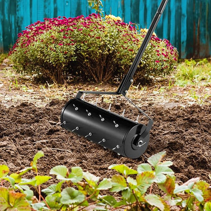 S AFSTAR 18" Manual Lawn Aerator, Heavy Duty Rolling Aerator Lawn Tool Filled Sand Stone with 51" Detachable Handle & Tine Spikes for Soil Loosening, Push Grass Aeration for Garden Yard, Black
