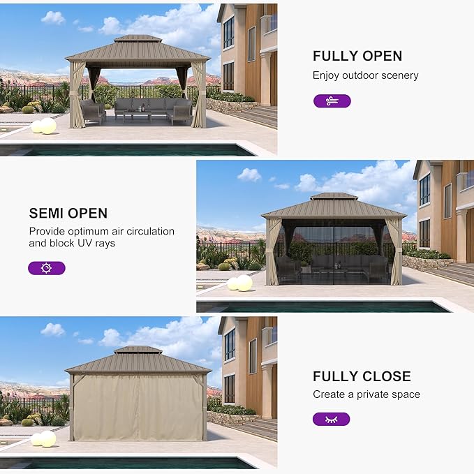 PURPLE LEAF 12' x 14' Outdoor Hardtop Gazebo, Champagne Aluminum Gazebo with Galvanized Steel Double Roof, Curtains and Netting for Patio Lawn and Garden
