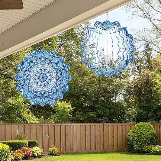 Wind Spinner Mandala Blue, 12-Inch 3D Kinetic Stainless Steel Metal Hanging Wind Spinners Outdoor, Flowers Yard Art Garden Porch Indoor Outdoor Decor