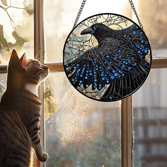 Stained Glass Window Hanging - Black Crow Big Wings Suncatcher for Doors Garden Patio Bird Sun Catchers Decor Christmas Mother's Day Birthday Gifts for Women Men Mom Nana Friend 6.3 in