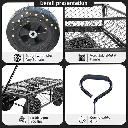 Heavy Duty 480 Lbs Capacity Mesh Steel Garden Cart Folding Utility Wagon with Removable Sides (Black)