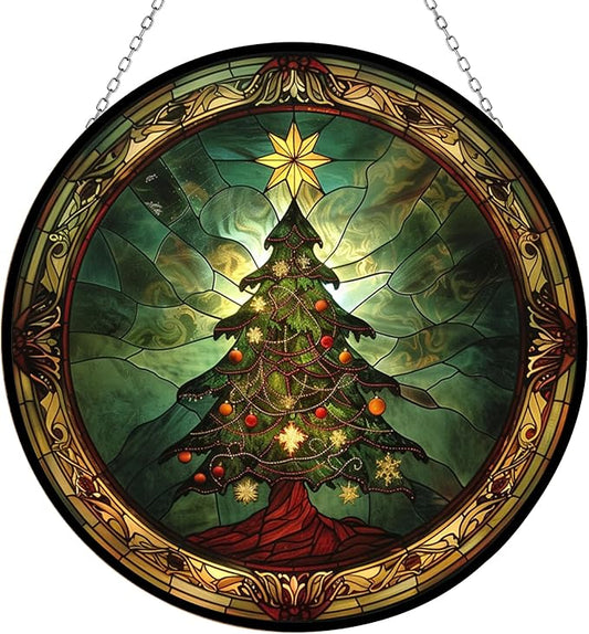 Personalized Magical Christmas Tree Suncatchers for Windows,6.3” Stained Glass Window Hangings,Hand-Painted Glass Panel Perfect for Home Décor