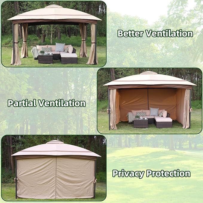 11x13 Gazebo for Patio, Gazebo with Curtains & Sandbags, Double Tier Roof Marquee Canopy for Garden, Deck, Backyard, Lawn (Khaki)-Netting not Included