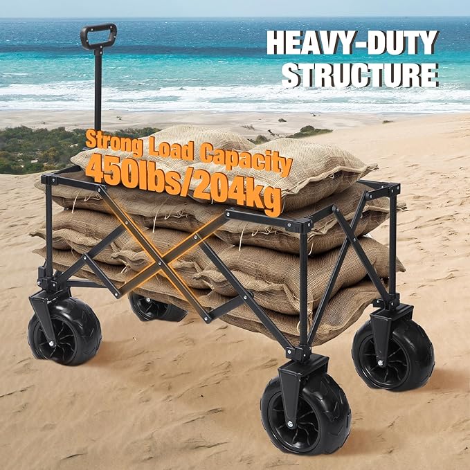 REDCAMP Collapsible Beach Wagon with 9" Big Wheels for Sand, 450lb Heavy Duty Foldable Beach Cart with All-Terrain Balloon Style Foam Wheels for Gravel, Sand, Camping, Groceries, Garden