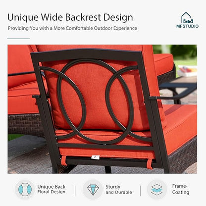 MFSTUDIO 5 PCS Outdoor Patio Furniture Set, Metal Outdoor Conversation Set, Rattan Wicker Patio Sectional Sofa Set with 2 x Swivel Single Sofa, 2-Seat and 3-Seat Sofa, 1 x Coffee Table, Red