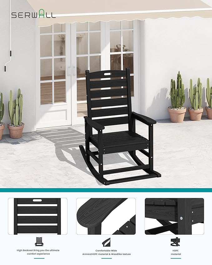 SERWALL Oversized Outdoor Rocking Chair, HDPE Patio Rocking Chair with Footboard for Adults, All Weather Porch Rocker for Deck Patio Balcony, Black