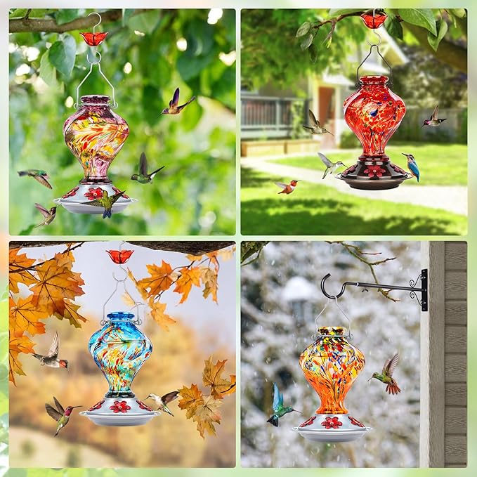 Hummingbird Feeders for Outdoors Hanging, BOLITE Glass Hummingbird Feeder, Hand Blown Twisted with Ant Moat and Five Feeding Ports, 24 Ounces, Leak Proof, Orange, Gifts for Women Men