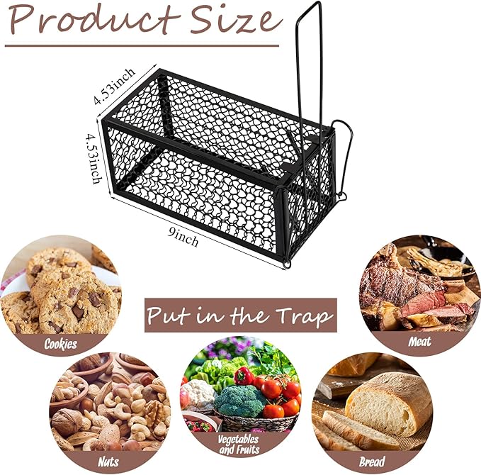 Qualirey 4 Pcs Humane Rat Trap Chipmunk Rodent Mouse Squirrel Trap Small Live Animal Mouse Voles Hamsters Live Cage Rat Cage for Mice Easy to Catch and Release (9.1 x 4.5 x 4.5 Inches,Black)