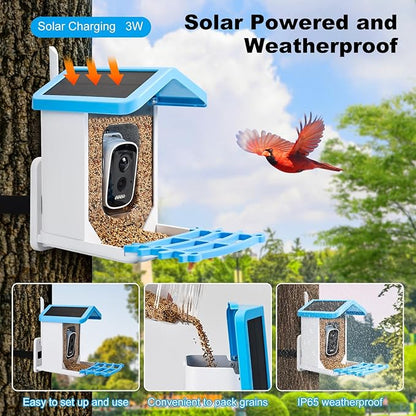 Smart Bird Feeder with Camera Solar Powered & Wireless Outdoor, HD Auto-Capture with Instant Alerts, Live Video Streaming via 2.4G WiFi, Weatherproof Auto-Recording Design, Gift for Bird Lovers