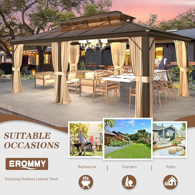 EROMMY 12' x 20' Gazebo Polycarbonate Double Roof Canopy with Aluminum Frame, Outdoor Permanent Metal Pavilion with Netting and Curtains for Garden Patio Lawns