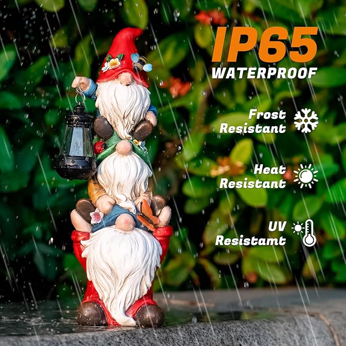 17 in Large Garden Gnome Statue with Solar Lights Sculptures Funny Triple Big Gnome Outdoor Patio Lawn Yard Balcony Garden Home Decor Gifts for Women Mom
