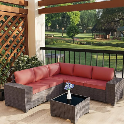 Outdoor Patio Furniture Set, 6 Pcs Outdoor Furniture All Weather Patio Sectional Sofas PE Wicker Modular Conversation Set with Coffee Table,5 Chairs & Seat Clips Red