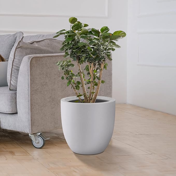 Kante 13.4" Dia Round Concrete Planter, Large Outdoor Modern Indoor Decorative Plant Pots with Drainage Hole and Rubber Plug for Home and Garden, Pure White