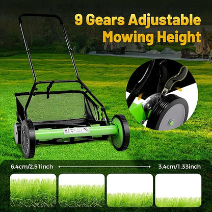 20 Inch 5-Blade Push Reel Lawn Mower, Cordless Manual Lawn Mower with Grass Catcher, Adjustable Cutting Height, Walk-Behind Lawn Mowers for Yard, Garden