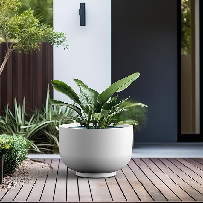 Kante 17.7 Inch Dia Concrete Bowl Planter, Large Tapered Bottom Plant Pot with Drainage, Smooth White Finish with Aqua Blue Interior, Ideal for Porch, Home, Garden, Patio