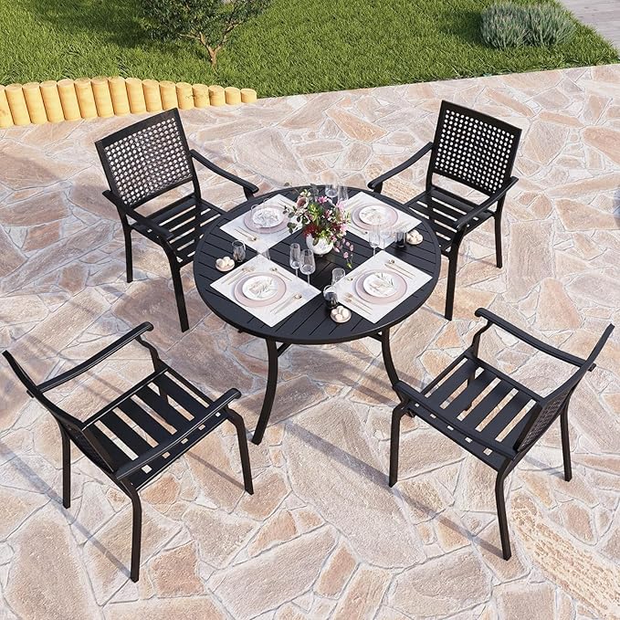 PHI VILLA 5 Pieces Outdoor Round Dining Set for 4, Steel Circle Table with Umbrella Hole & Stacking Wrought Iron Chairs, Modern Dining Furniture Set for Patio, Deck, Yard, Porch