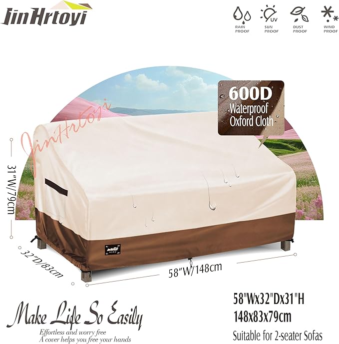 2-Seater Outdoor Couch Cover,58" Wx32 Dx31 H Inches Patio Loveseat Cover,100% Waterproof Heavy Duty Patio Sofa Covers,Patio Furniture Covers,Beige&Brown