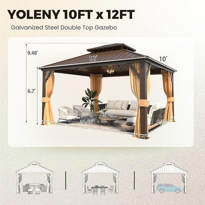YOLENY 10' x 12' Gazebo Hardtop with Aluminum Frame,Galvanized Steel Double Roof Gazebos with Curtain and Netting,Outdoor Metal Pergolas for Garden, Lawn, Deck, Brown