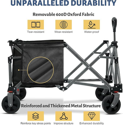 Collapsible Folding Wagon Cart, 220LBS Heavy Duty Foldable Utility Garden Cart with All Terrain Wheels & Side Storage Bag, Portable Sports Wagon for Camping, Shopping, Garden (Black)