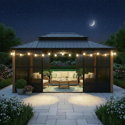 PURPLE LEAF 12' X 16' Sunroom Patio Hardtop Gazebo Double Top Galvanized Steel Screen House Aluminum Sun Room Outdoor Solarium for Garden Backyard and 24 Solar String Light