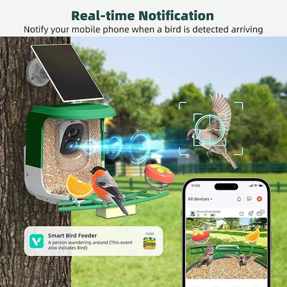 Smart Bird Feeder with Camera Solar Powered - 2K HD Live Video Camera AI Identify Birds, Visible Window Auto Capture& Motion Detection -Instant Arrival Alerts, Birds Lover Gifts