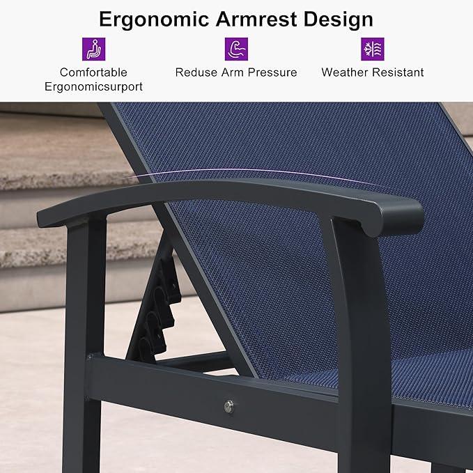 PURPLE LEAF Chaise Lounge Chair Outdoor 2 Pieces Pool Lounge Chairs 5 Adjustable Position with Armrests and Side Table Aluminum Patio Lounge Chair for Outside Backyard Beach Pool, Deep Blue