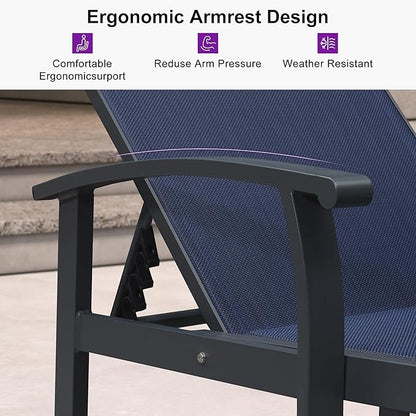 PURPLE LEAF Chaise Lounge Chair Outdoor 2 Pieces Pool Lounge Chairs 5 Adjustable Position with Armrests and Side Table Aluminum Patio Lounge Chair for Outside Backyard Beach Pool, Deep Blue