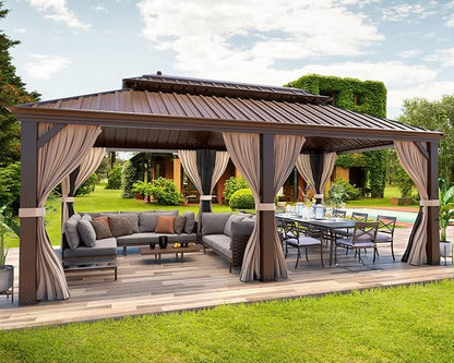 MELLCOM 12' x 20' Hardtop Gazebo,Galvanized Steel Metal Double Roof Aluminum Gazebos with Curtain and Netting,Brown Permanent Pavilion with Aluminum Frame for Patios,Gardens,Lawns