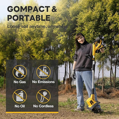 Alloyman 20V Cordless Tiller Cultivator, 360RPM Electric Garden Tiller, with 2 * 2.0Ah Batteries & Charger, 9In Tilling Width and 6.6In Depth Garden Rototiller for Lawn/Gardening/Soil Cultivation