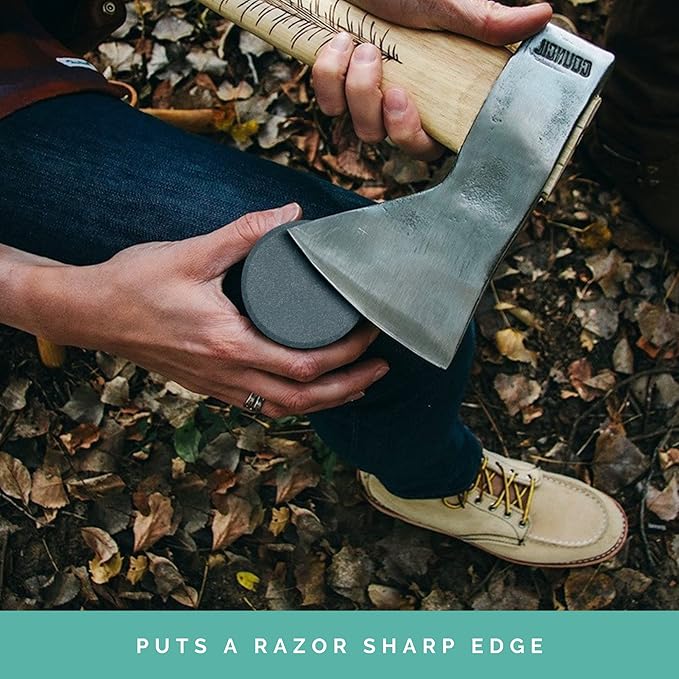 Sharp Pebble Puck/Disk - Axe/Hatchet Large Sharpening Stone- Whetstone Blade & Tool Sharpener- Dual Grit Multipurpose Waterstone Sharpener with Bamboo Box