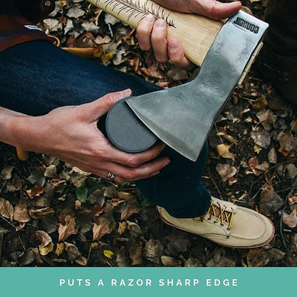 Sharp Pebble Puck/Disk - Axe/Hatchet Large Sharpening Stone- Whetstone Blade & Tool Sharpener- Dual Grit Multipurpose Waterstone Sharpener with Bamboo Box