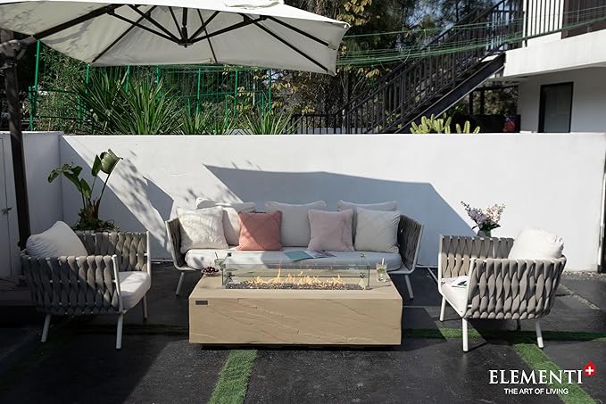 Elementi+ | Colorado Gas Fire Pit Cast Concrete 56" Rectangular Fire Table, Outdoor Fire Pit Electronic Ignition | Canvas Cover, Fire Glass and Burner Lid Included | Sunlight Yellow | Propane Gas