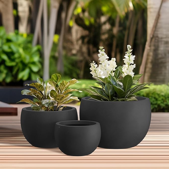 Kante 19.9",15.7",11.8" Dia Round Concrete Planter Set of 3, Outdoor/Indoor Large Bowl Plant Pots with Drainage Hole and Rubber Plug for Garden Patio Balcony Home, Black