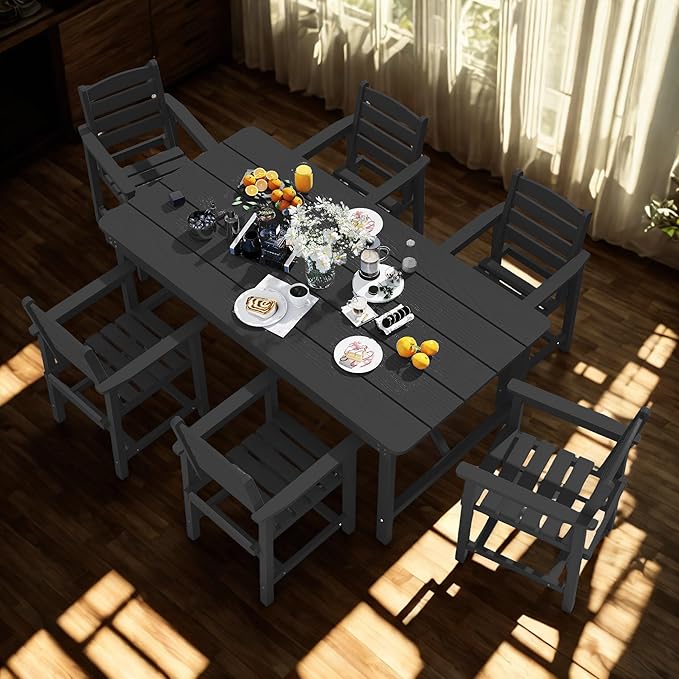 7 Piece Patio Dining Set with 11ft Patio Umbrella (Red), 7 Black Outdoor HDPE Dining Set with 6 Chairs + 1 Large Table with 2" Umbrella Hole, for Market, Pool, Garden, Backyard, Deck