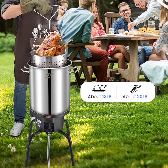 ARC 40QT Turkey Fryer Pot With Basket Kit, Stainless Steel Tamale Steamer Pot And Cast Iron Propane Burner 65,000BTU With Adjustable Legs, Crawfish Boil Seafood Boil Pot Propane Stove For Outdoor