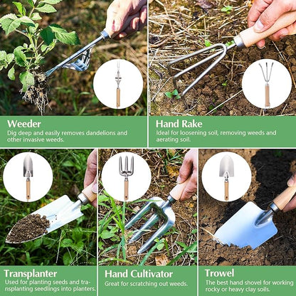 Gardening Tools – 9-Piece Garden Tools Set with Heavy-Duty Stainless Steel Hand Tools, Durable Storage Bag & Anti-Slip Rubber Gloves, Ideal Gardening Gifts for Women