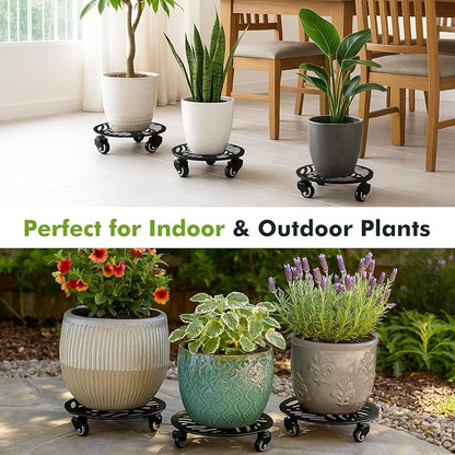 1 Pack Large Metal Plant Caddy with Wheels 13.5 Inches Heavy-duty Iron Rolling Plant Stand with Casters Indoor Outdoor Plant Roller Base Planter Movers Garden Dolly Coaster Trolley Black