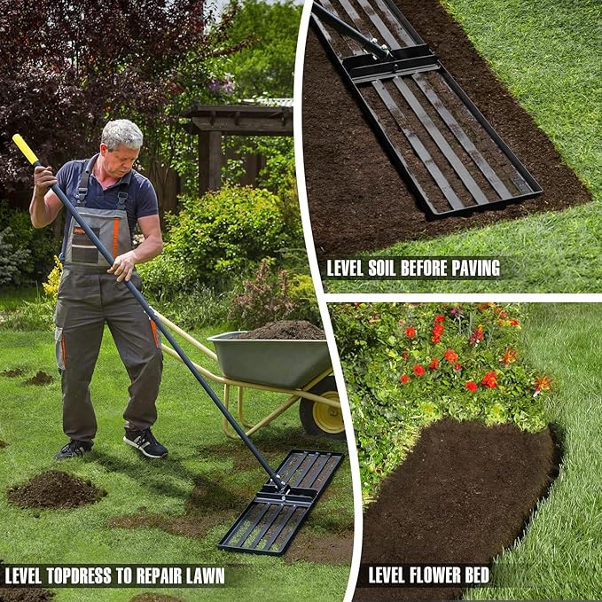 Jardineer Lawn Leveling Rake 45 Inches with 72 Inches Long Handle, Yard Leveling Rakes for Grass Soil, Lawn Leveler Rake Heavy Duty, Ground Dirt Leveler for Yard