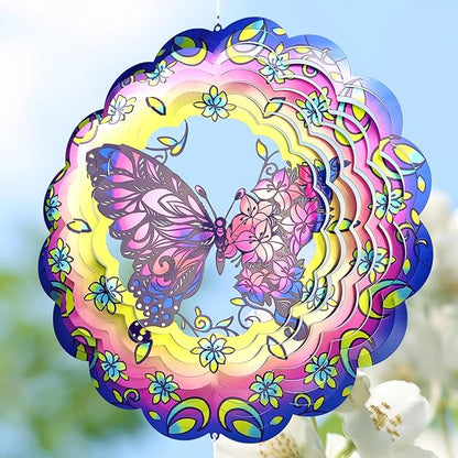 Butterfly 12 Inch Wind Spinners Garden Yard Decor Gift for Women Men, Outdoor Purple Metal 3D Wind Spinner, Stainless Steel Hanging Wind Catchers Sculpture for Outside Decoration