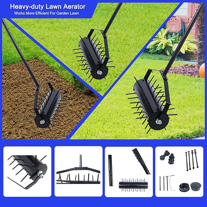 Rolling Manual Lawn Aerator, 58-Inch Handle Push Spike Aerator for Lawns, Yards, and Gardens, Easy Assembly, Reduces Soil Compaction, Enhances Water Absorption Manual Aerator Tool Black